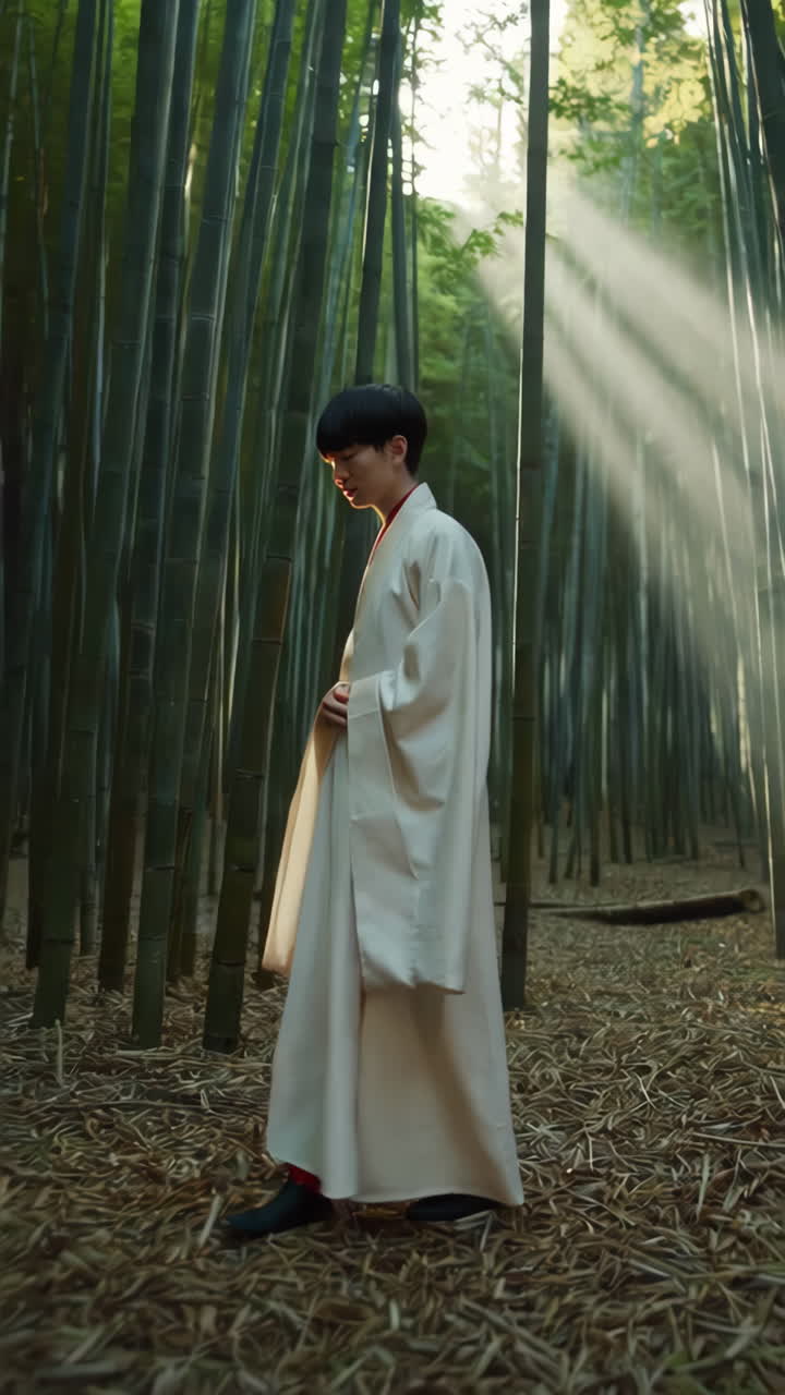 Man in Traditional Clothing in a Bamboo Forest