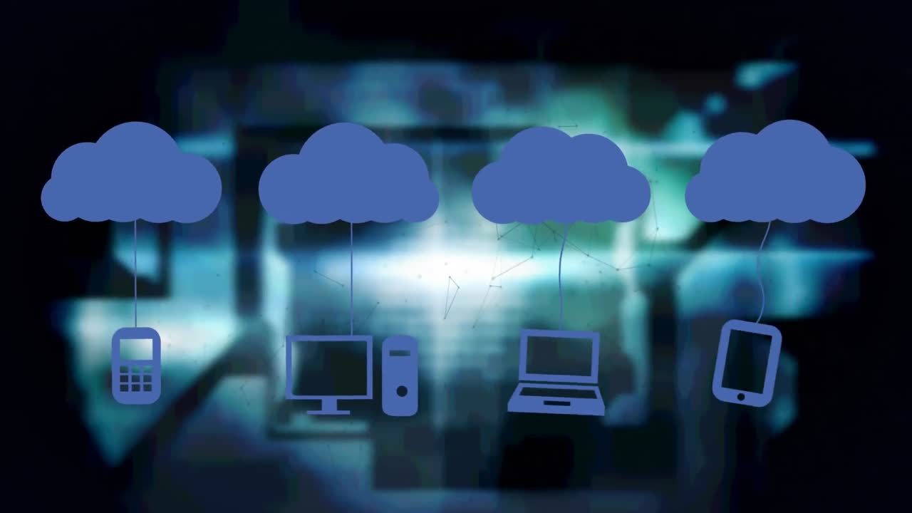 animación de nubes e iconos digitales sobre un fondo brillante