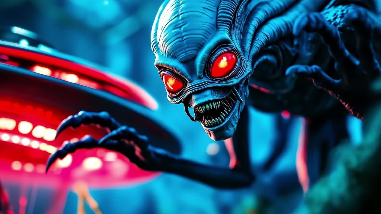 A close up of an alien with red eyes in a dark room