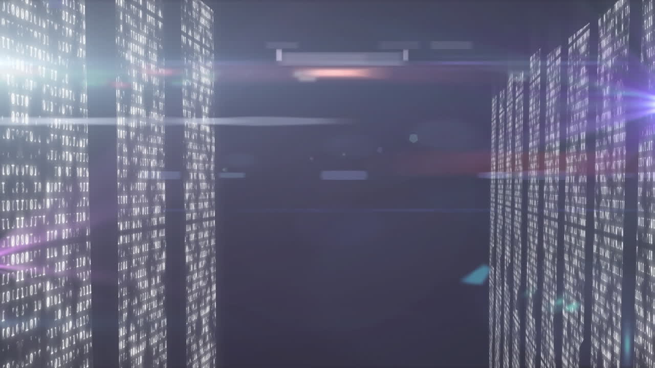 Animazione di scie di luce e punti luminosi su colonne in movimento su sfondo nero.