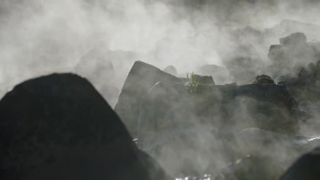 close up view of the stones covered in vapour of kirkham hot springs, idaho