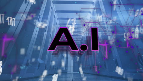 animación de texto ai sobre dígitos, símbolos y lenguaje informático contra la sala del servidor en segundo plano.