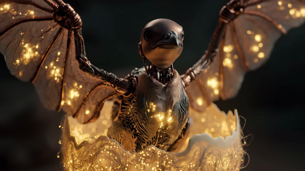 A robotic bird emerging from an egg