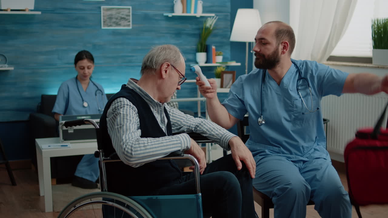 Medical assistant using thermometer for symptoms checkup