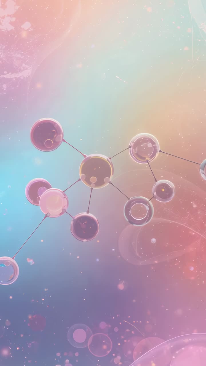Video verticale: Sfere pulsanti cluster alla deriva all'avvio, aste in colori pastello con effetto bokeh per la visualizzazione