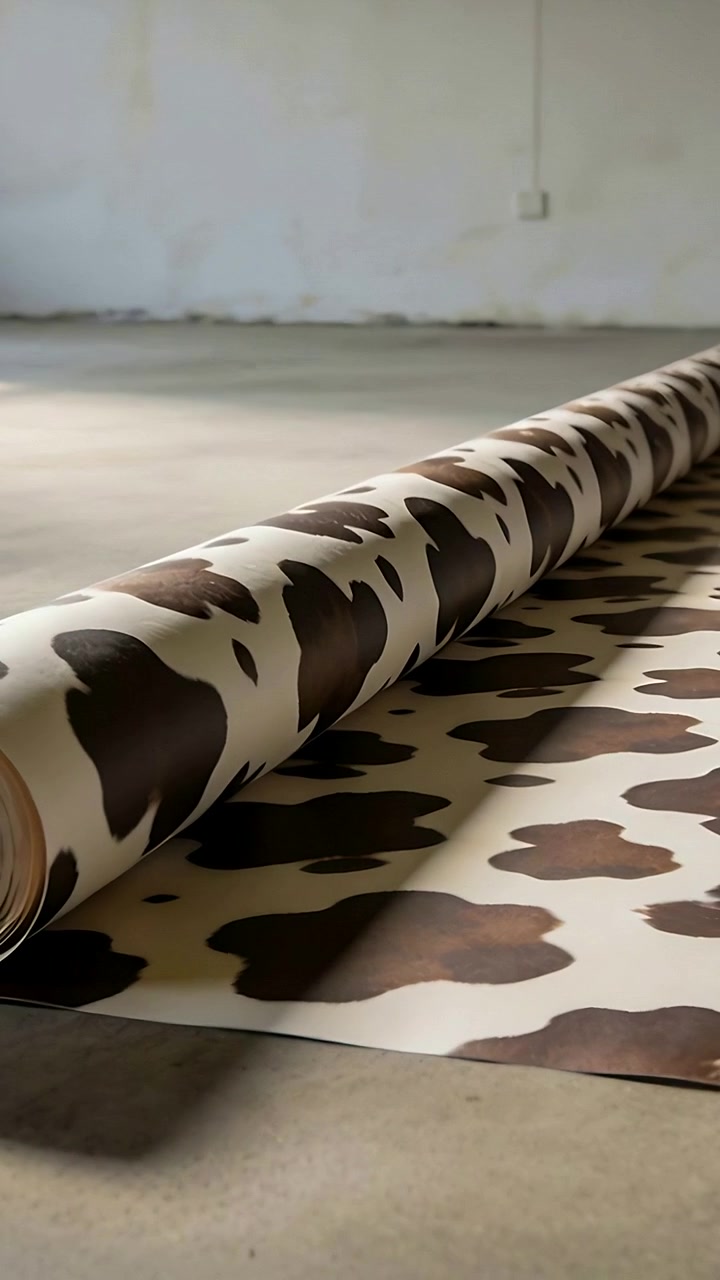 Vertical video: Unrolling roll sliding from edge along concrete floor, exposing print and core