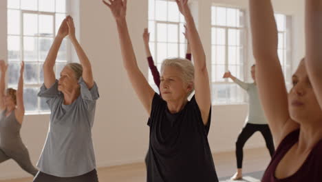 yoga class healthy old woman practicing warrior pose enjoying group workout in fitness studio