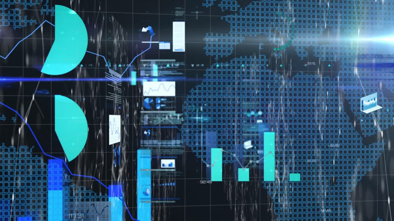 Financial data processing against world map