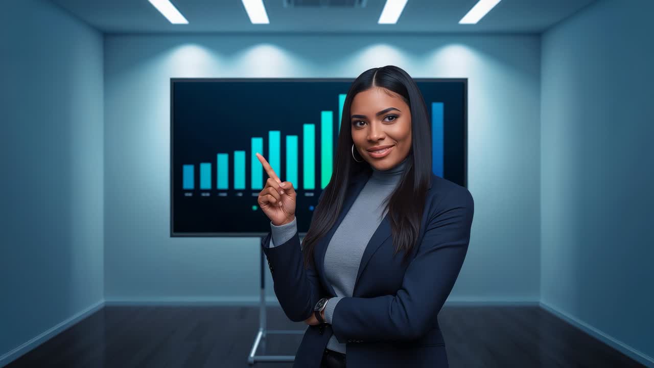 Grafico in crescita visualizzato su uno schermo, mentre un relatore in blazer blu scuro indica le barre che mostrano la crescita