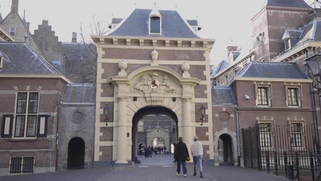 entrance to the governmental buildings at the binnenhof in the hague where the chamber of representatives and formal democracy takes place