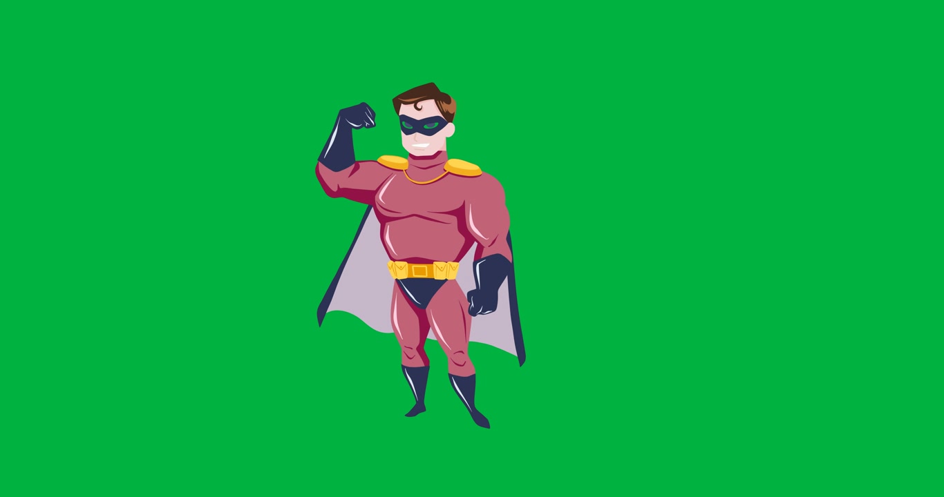 Animación digital de un hombre con disfraz de superhéroe flexionando sus bíceps contra un fondo negro.