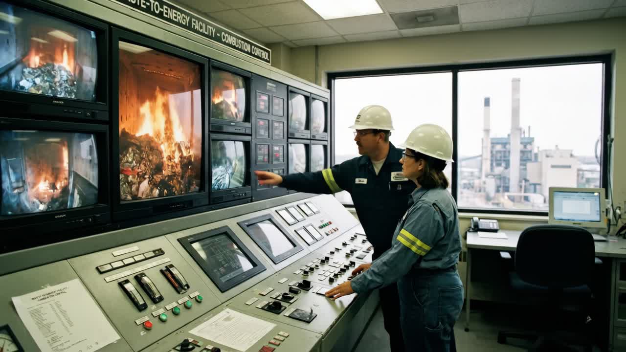 Engenheiros monitoram a combustão na sala de controle de uma instalação de conversão de resíduos em energia