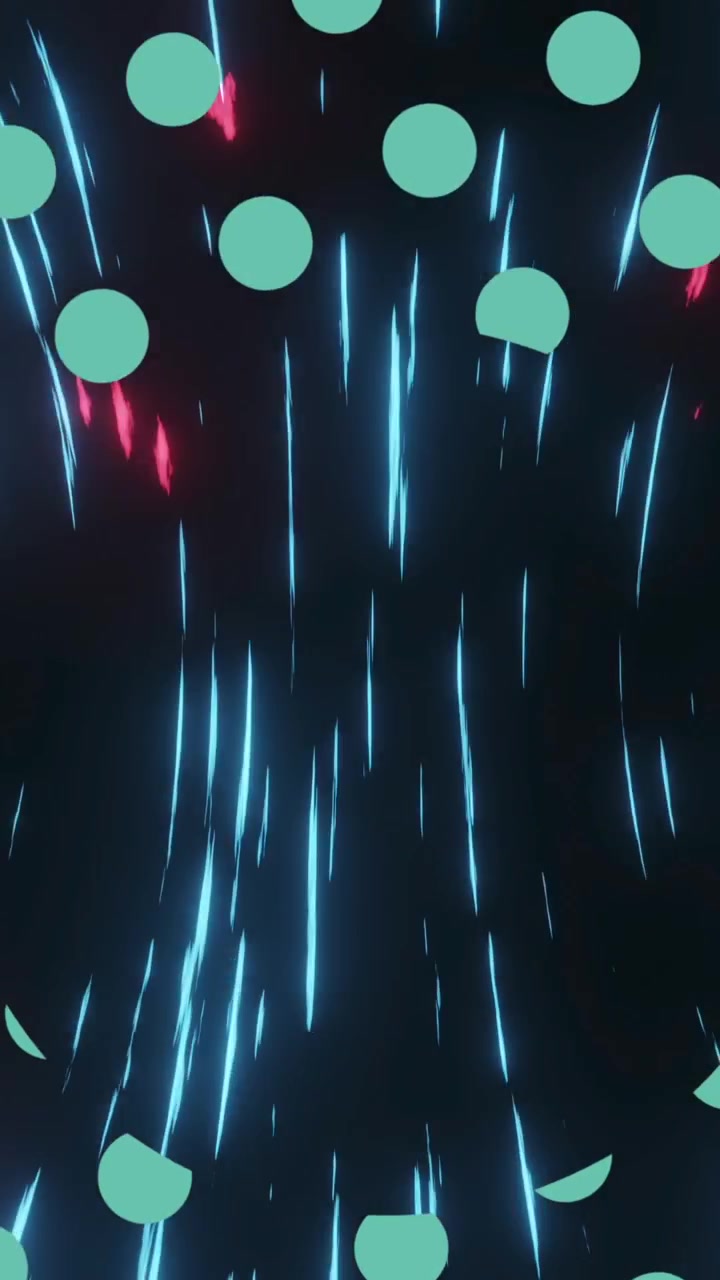 Animation grüner Punkte über schwarzem Raum mit schnell bewegenden rosa und blauen Lichtern