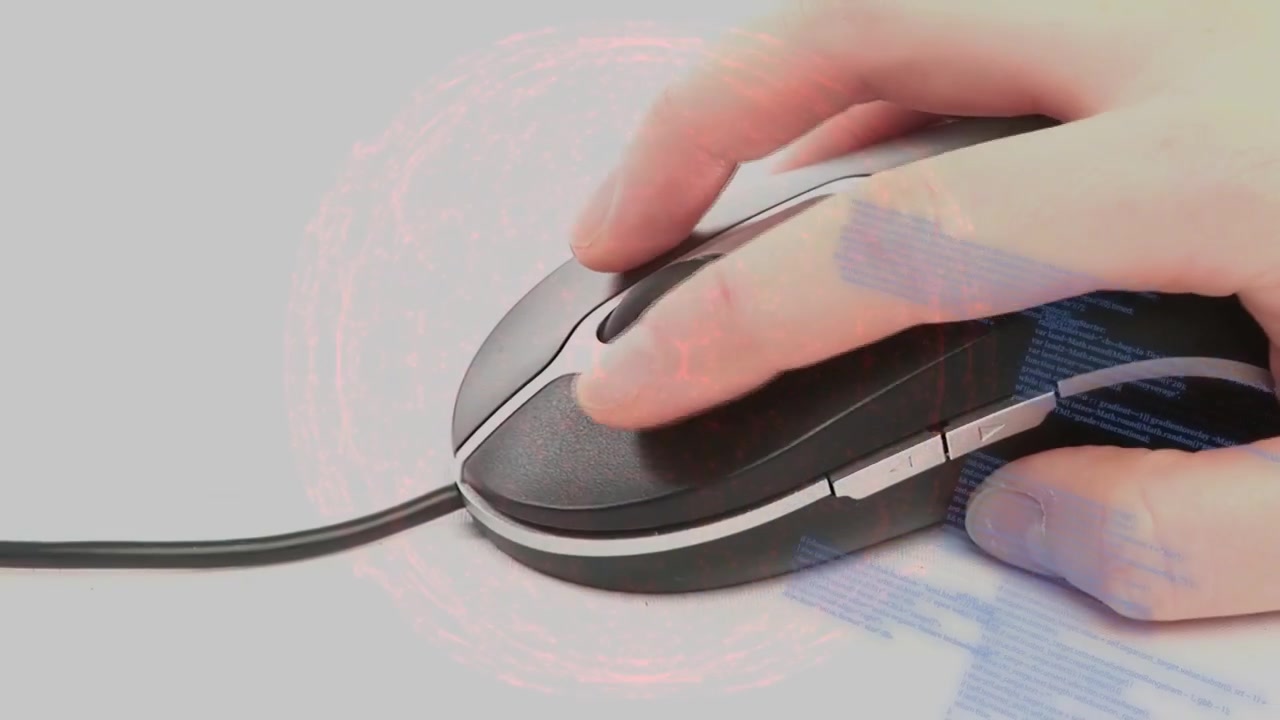 Hand entering right placing on wired mouse clicking scrolling pressing sides showing UI overlays