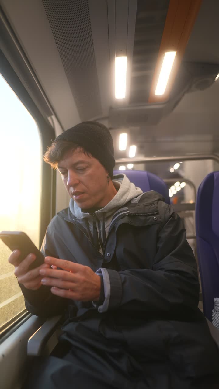 기차에서 스마트폰을 사용하는 남자