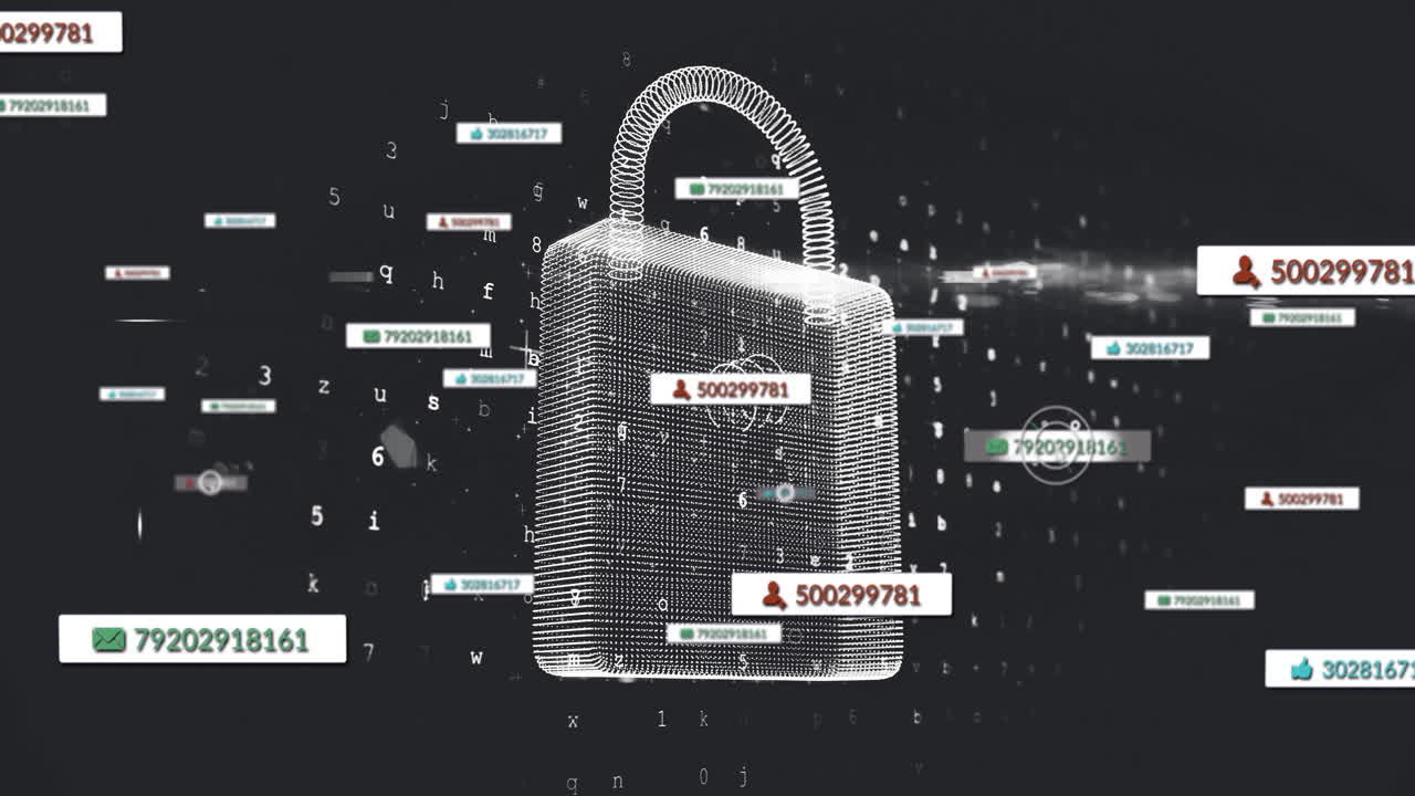 3D wireframe padlock floating in dark cyberspace, displaying numeric codes, envelope, person icons