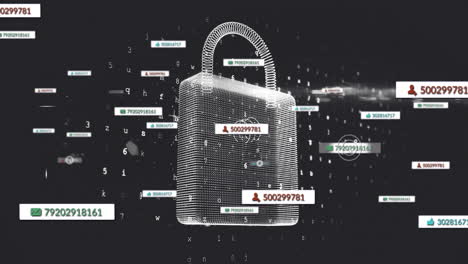 3d wireframe padlock floating in dark cyberspace, displaying numeric codes, envelope, person icons