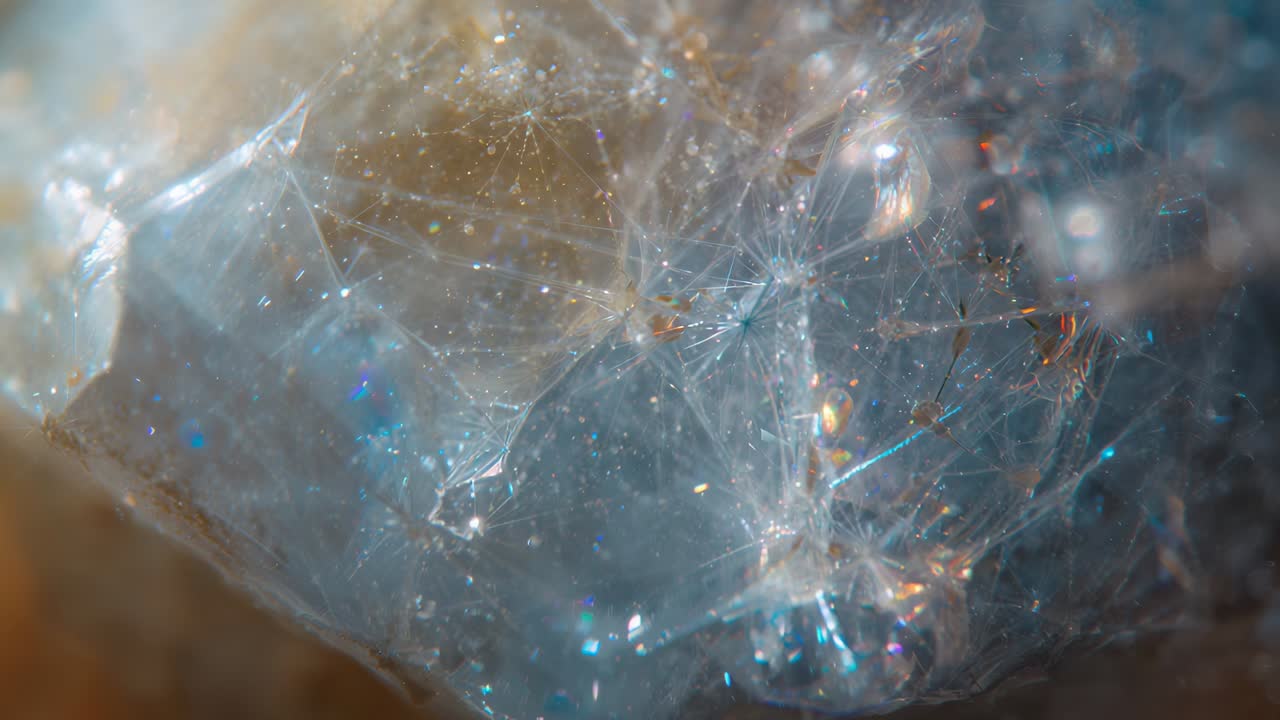 Shifting camera lens revealing fibrous network on beige matrix, highlighting blue amber sparkles