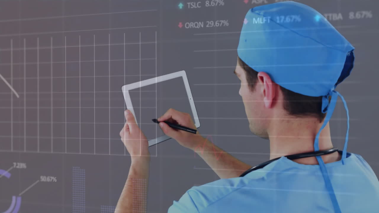 In scrubs, medical professional using digital tablet with animation of data charts