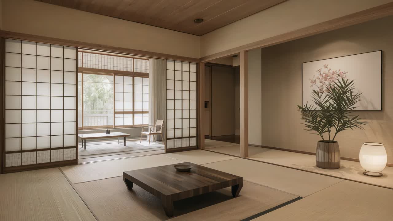 Máy quay lia cảnh bàn chabudai gỗ thấp đặt trên chiếu tatami, với shoji, ghế dài, đèn lồng