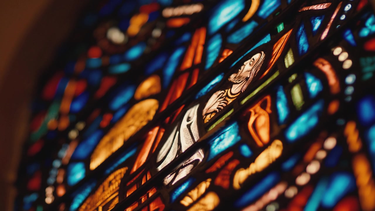 Vista Detalhada de um Vitral Colorido em uma Igreja