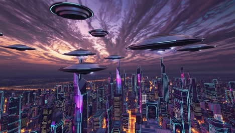 futuristic city with ufos at sunset