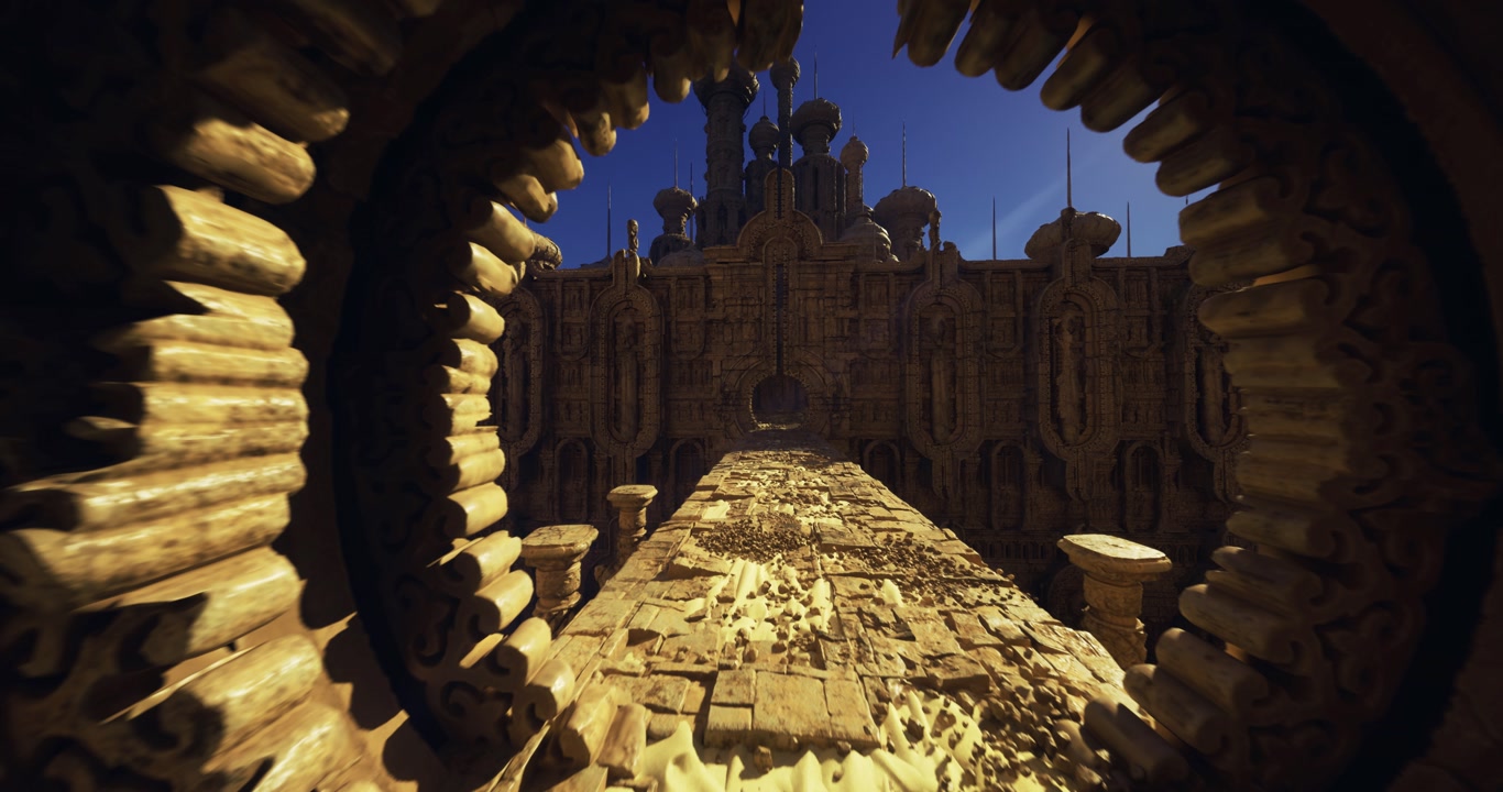 Radiant sunlight bathes sacred site filled with shining coins and carvings