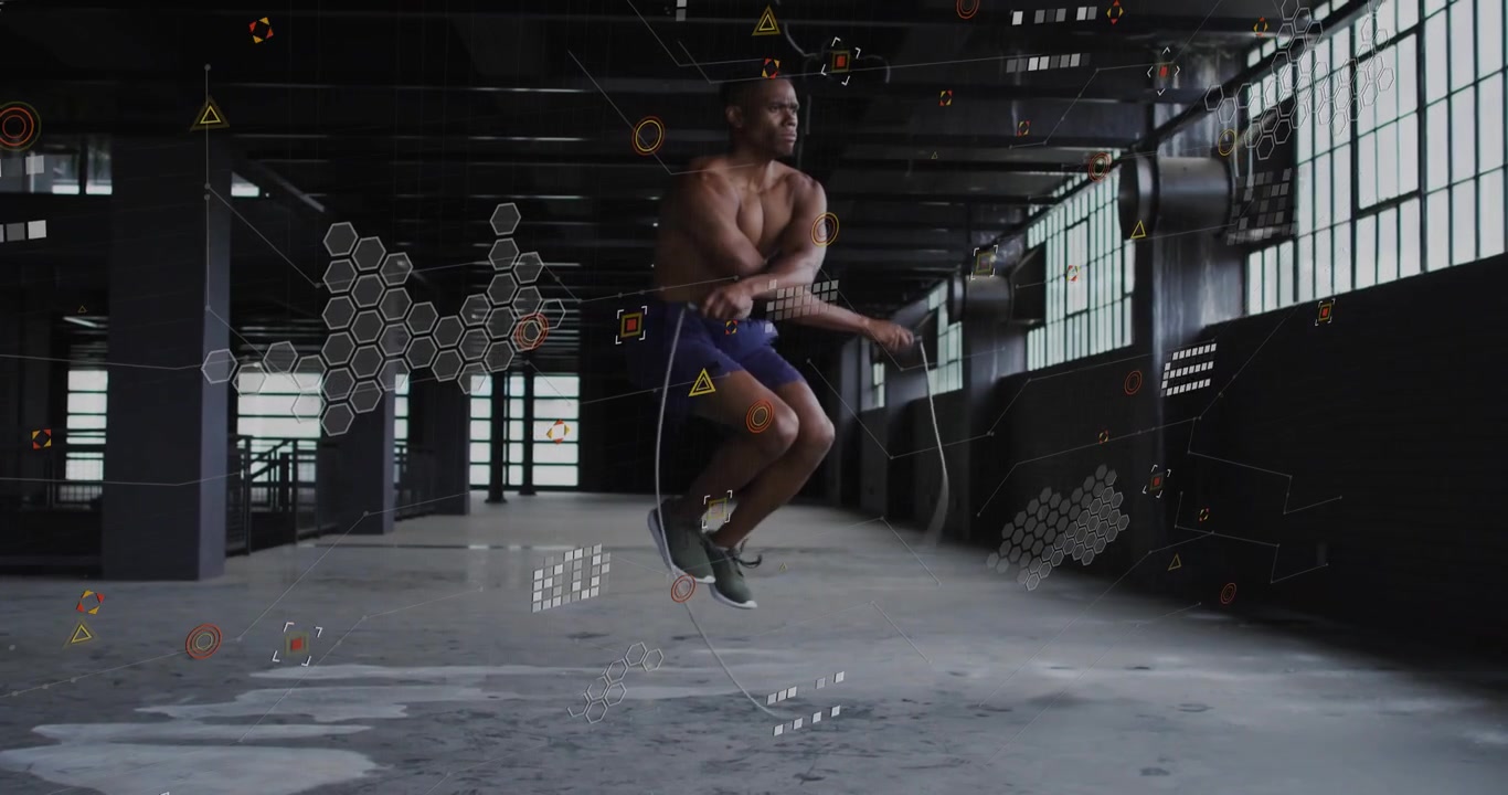 Male athlete lifting jump rope handles and swinging rope while tracking fitness with HUD overlays