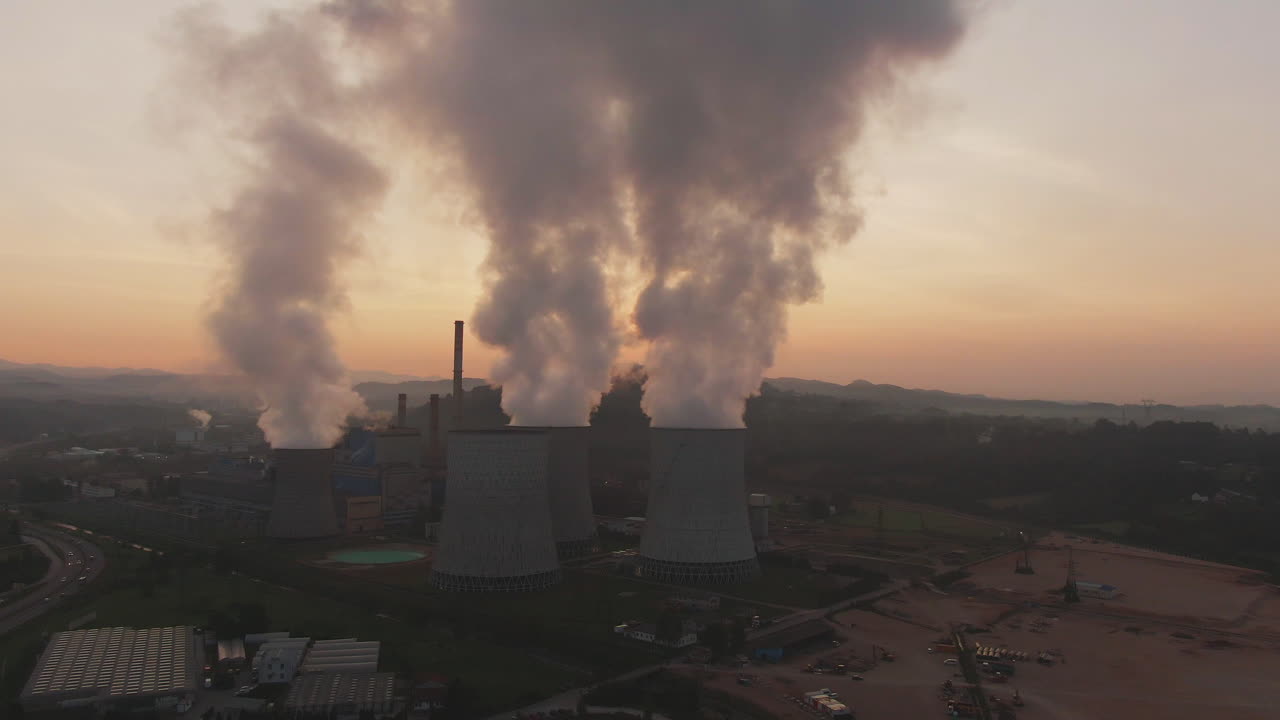Aerial View of a Power Plant at Sunset