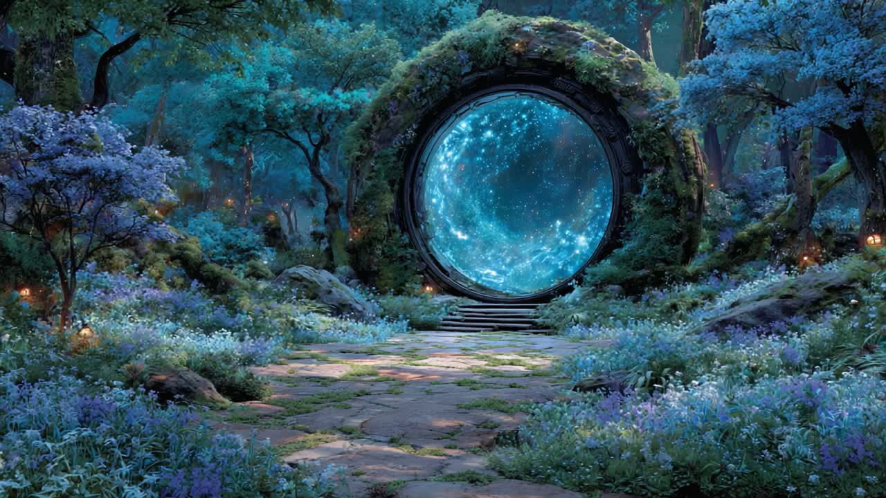 A Mystical Portal Surrounded by Lush Flora and Enchanting Blue Light in a Tranquil Forest Setting, Inviting Passage to Otherworldly Realms