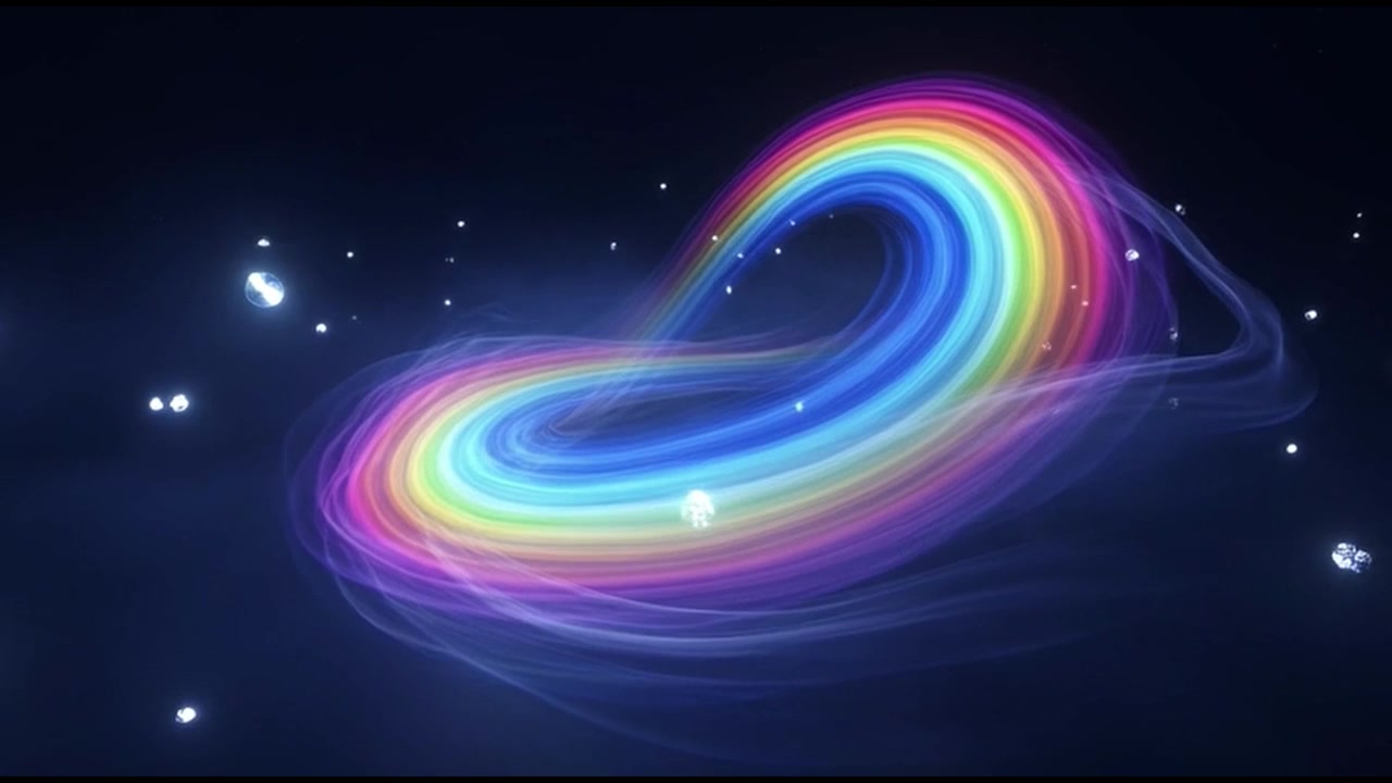 Abstract Rainbow Infinity Loop with Floating Glowing Orbs in Dark Space