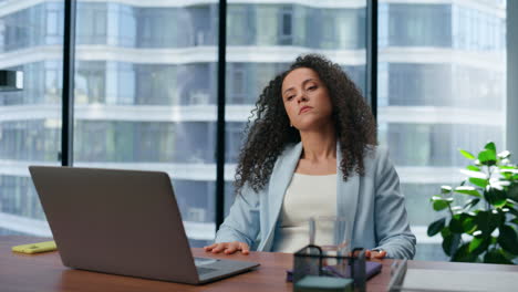 concerned woman feeling nervous work laptop. anxious boss calming after meeting