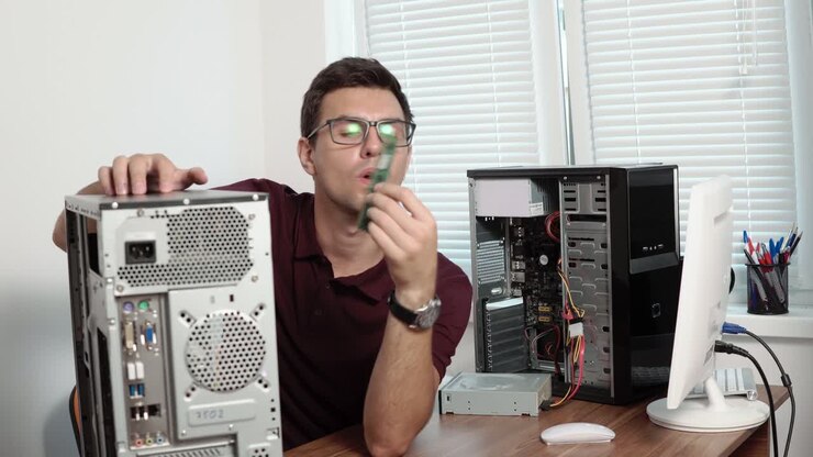 Concentrated computer service worker in glasses fixing a broken computer in the office and upgrading computer hardware. Support team. Computer maintenance. Shot in 4k