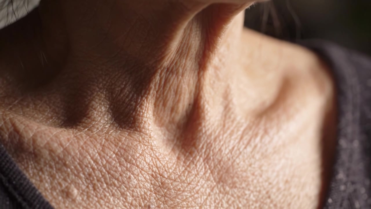 Primo piano della texture della pelle anziana che evidenzia la bellezza naturale e le caratteristiche uniche dell'invecchiamento, concentrandosi sull'area del collo