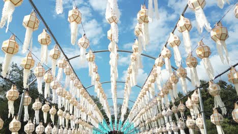 Slow-push-in-dolly,-view-of-beautiful-Yi-Peng-Lantern-tunnel