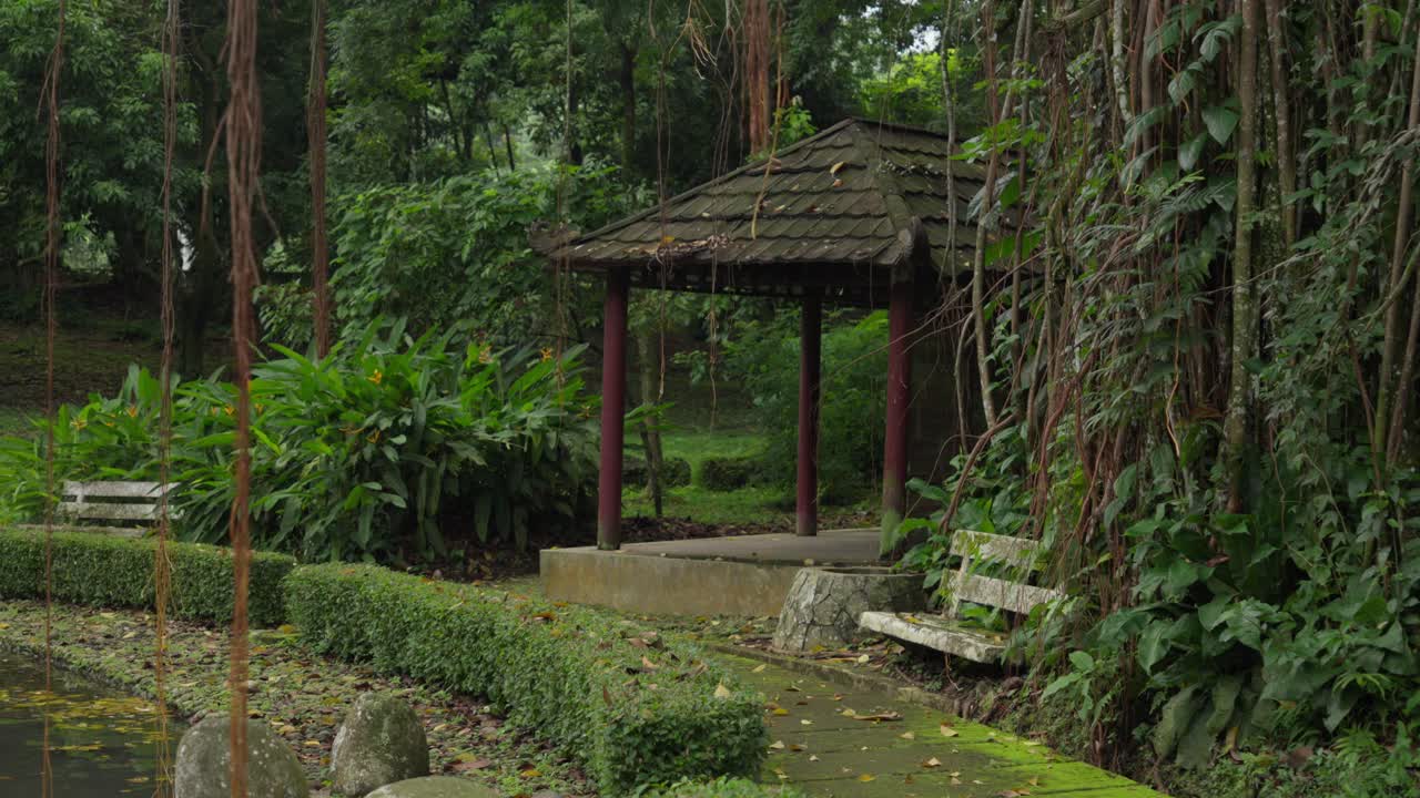 Forgotten pavilion surrounded by nature near a pond