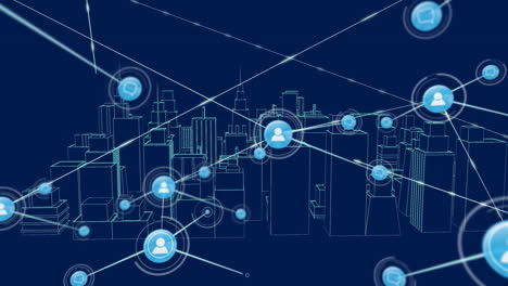 animation of icon connected with lines over 3d model of city against blue background