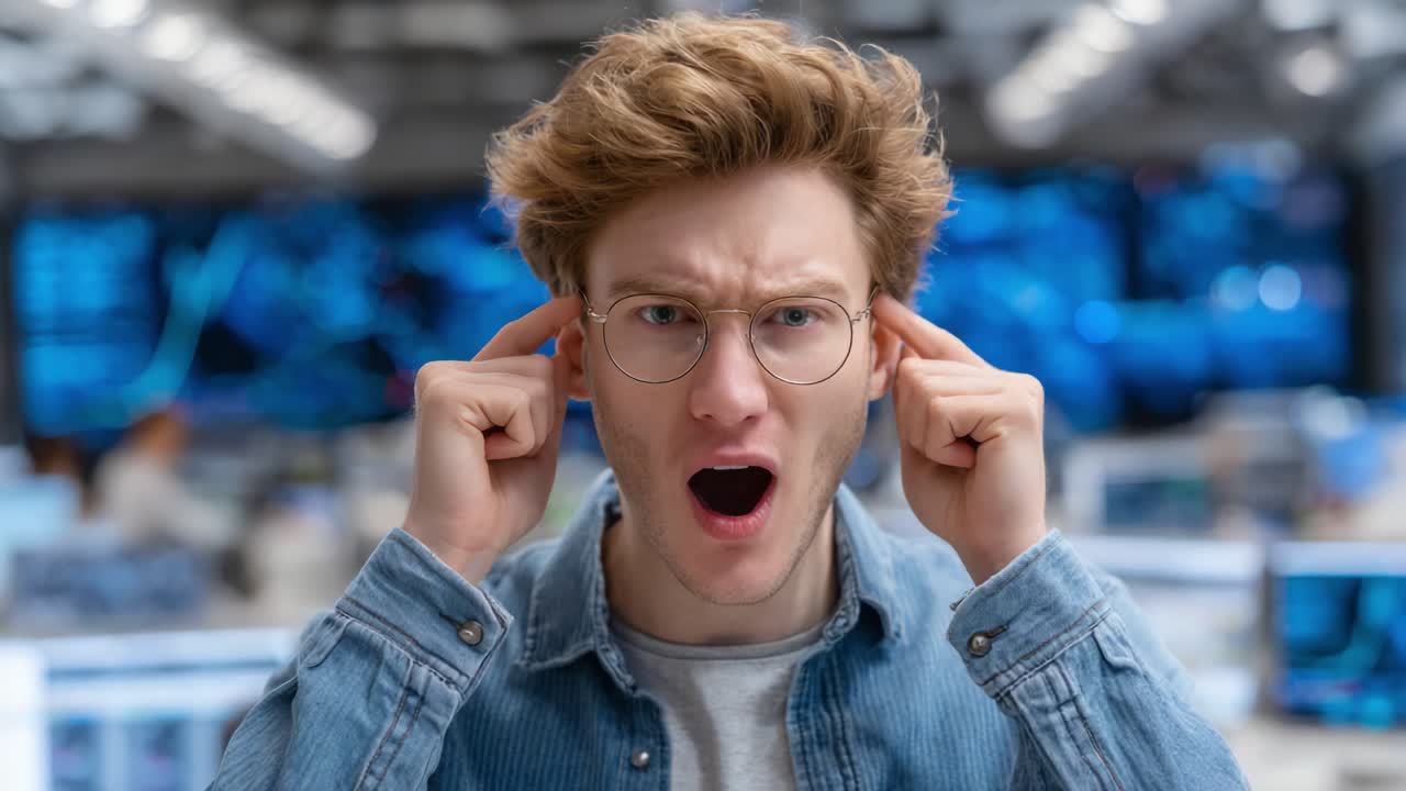 A Frustrated Young Man Expressing Discontent in a Modern Office Environment with Digital Screens in the Background