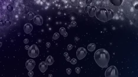 animación de copos de nieve cayendo y globos negros volando sobre un fondo negro