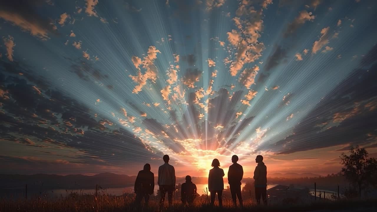 鮮やかな雲が浮かぶ開放的な風景で夕日を楽しむ人々