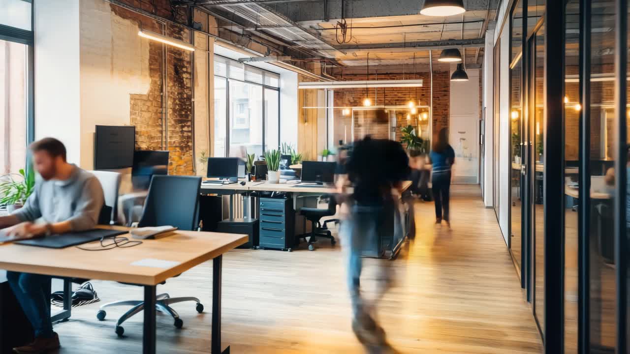 Wide-angle shot of a modern open-plan office with blurred motion, capturing a dynamic work