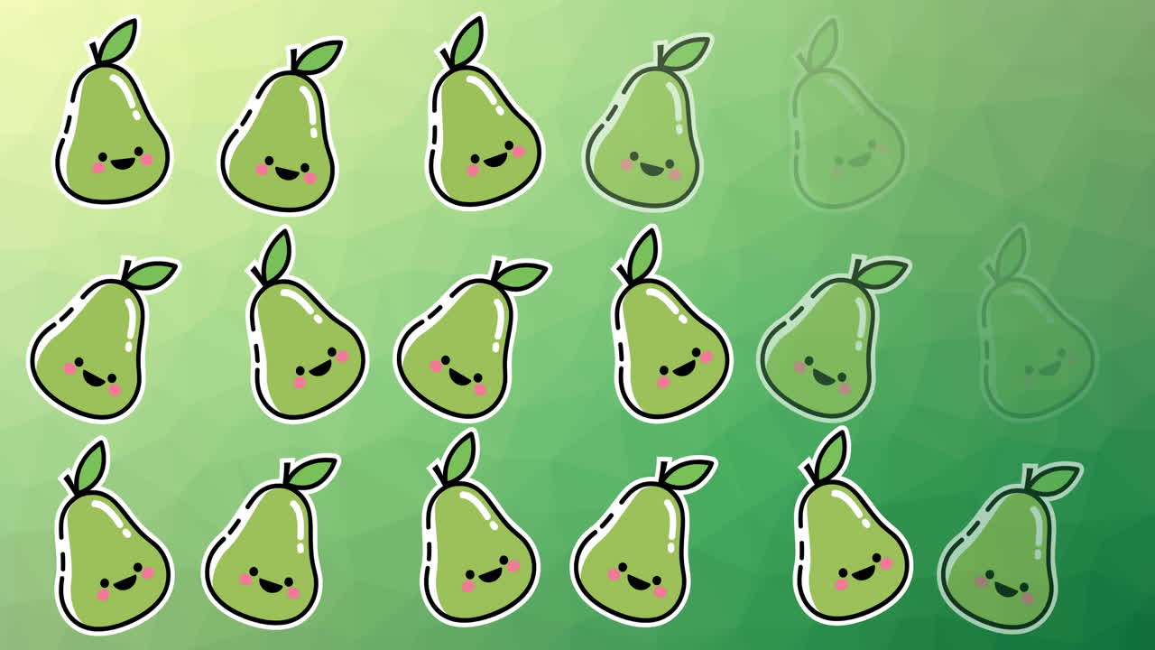 animación de peras individuales flotando sobre un fondo verde