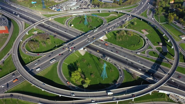Aerial view of a freeway intersection traffic trails in Moscow.