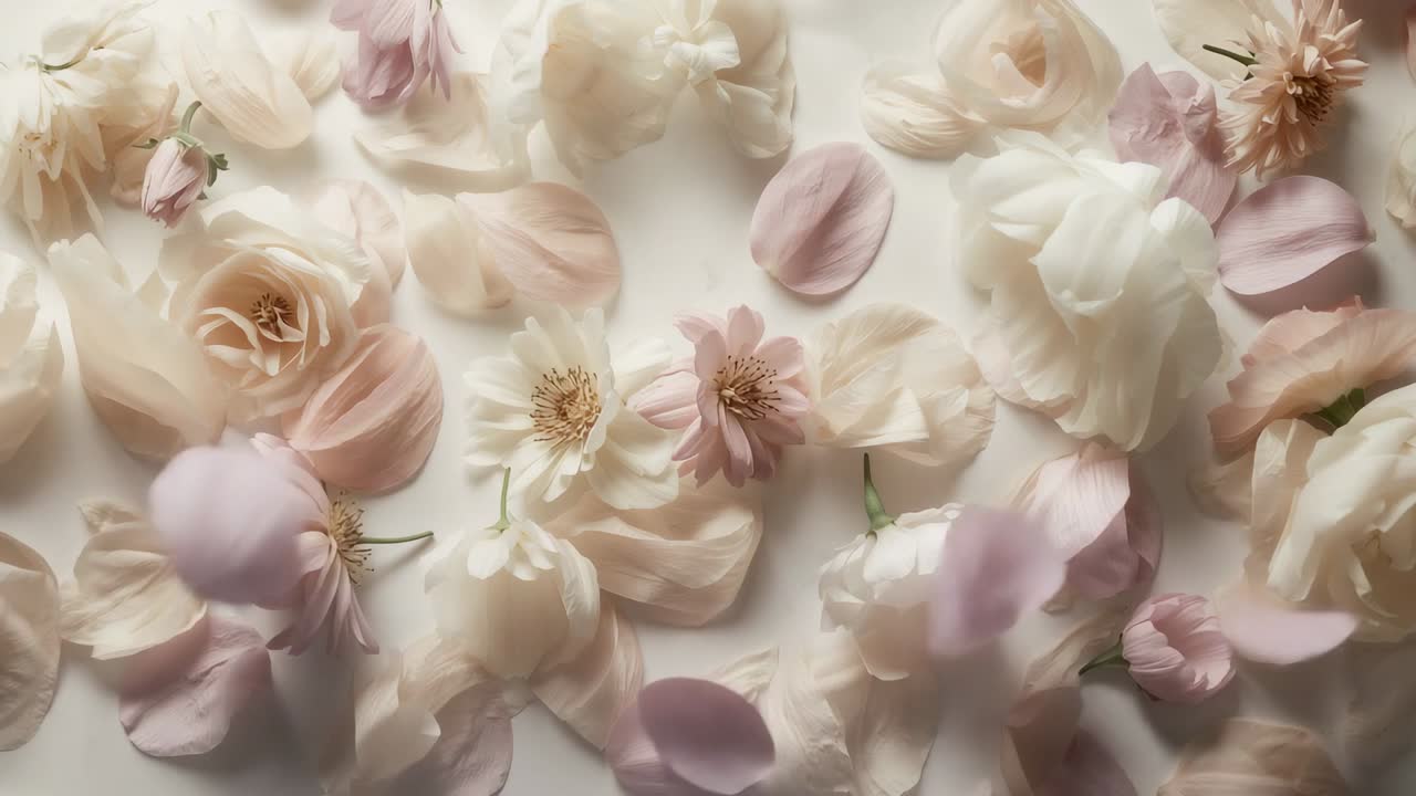 Falling lavender petals entering above settling over pink roses on white tabletop creating layers