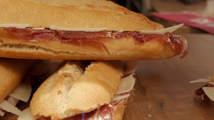 Close-up of a ham and cheese sandwich with Jamon Iberico and Serrano