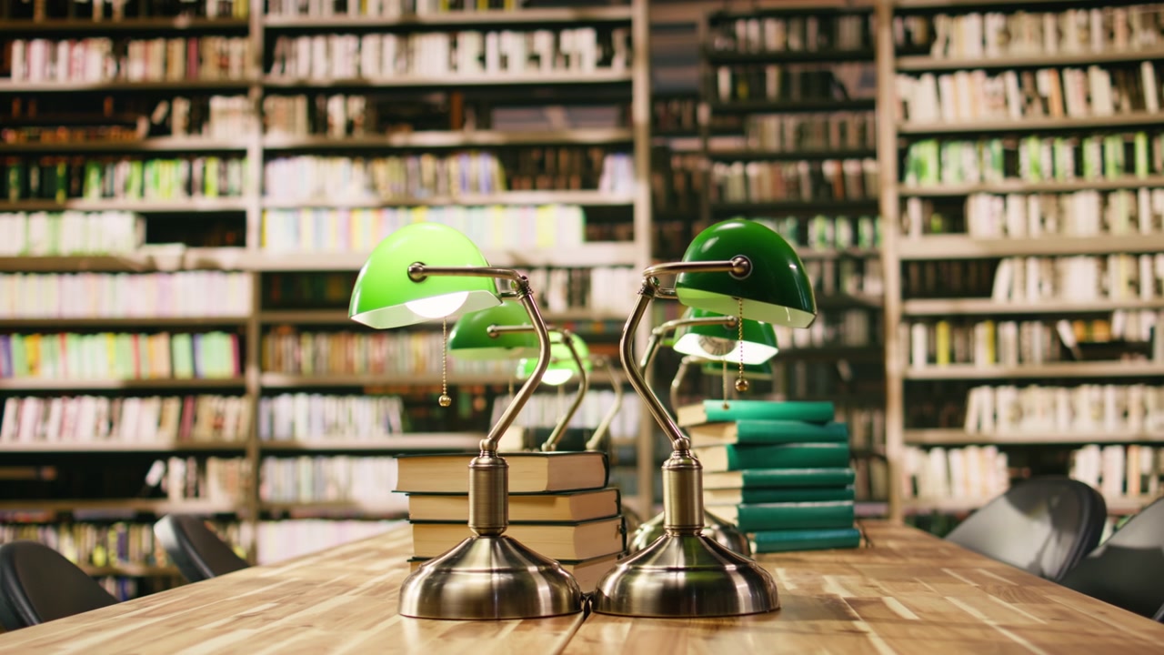Stack of hardcover books on wooden study desk in empty library