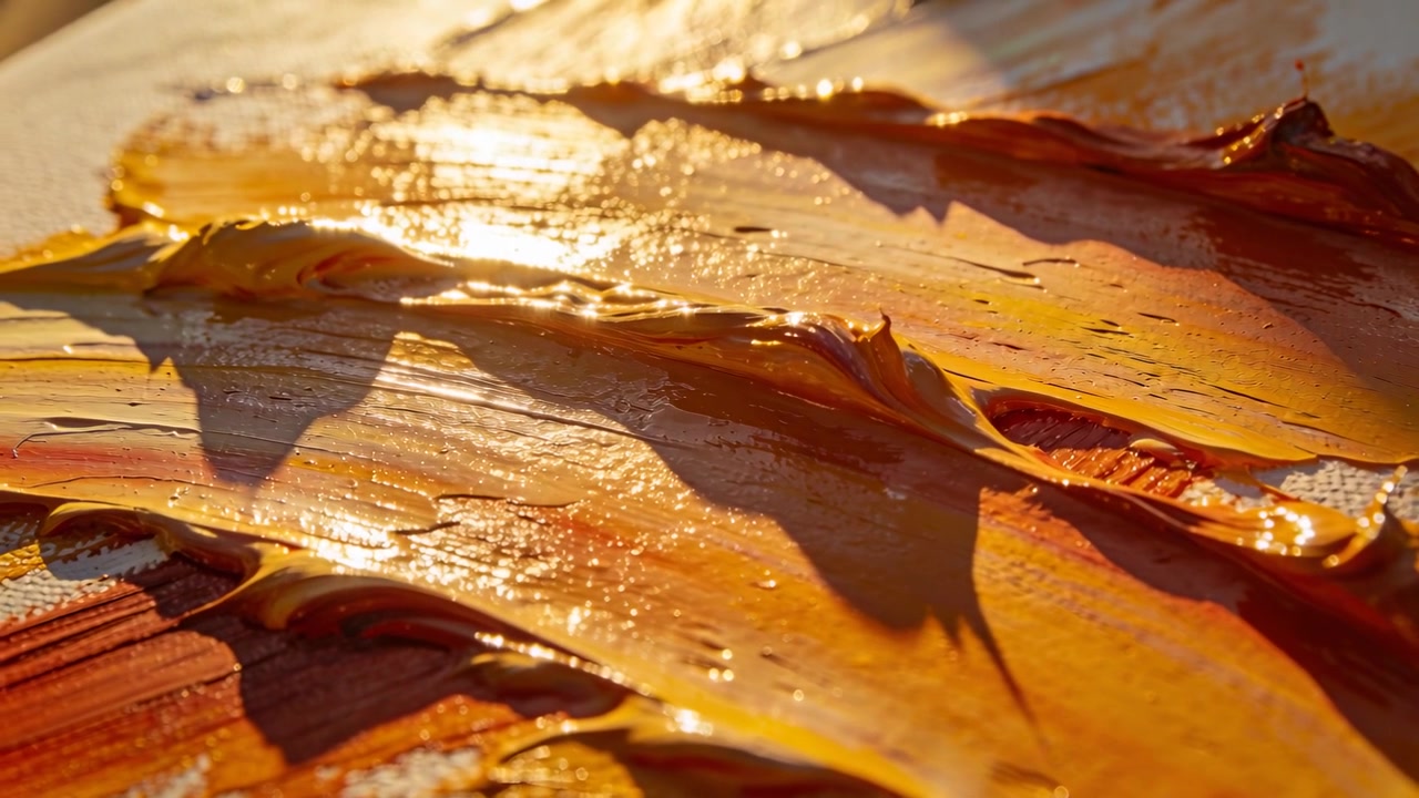 Sich verlagerndes warmes Licht lässt dicke orange-gelbe Farbschicht glänzende Spitzen auf Leinwand enthüllen