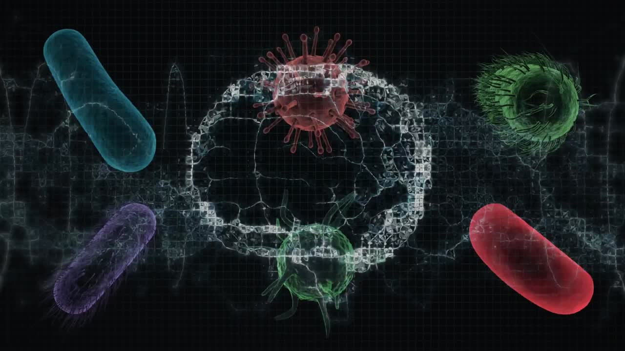 animación del cerebro humano girando sobre las células de covid 19 flotando