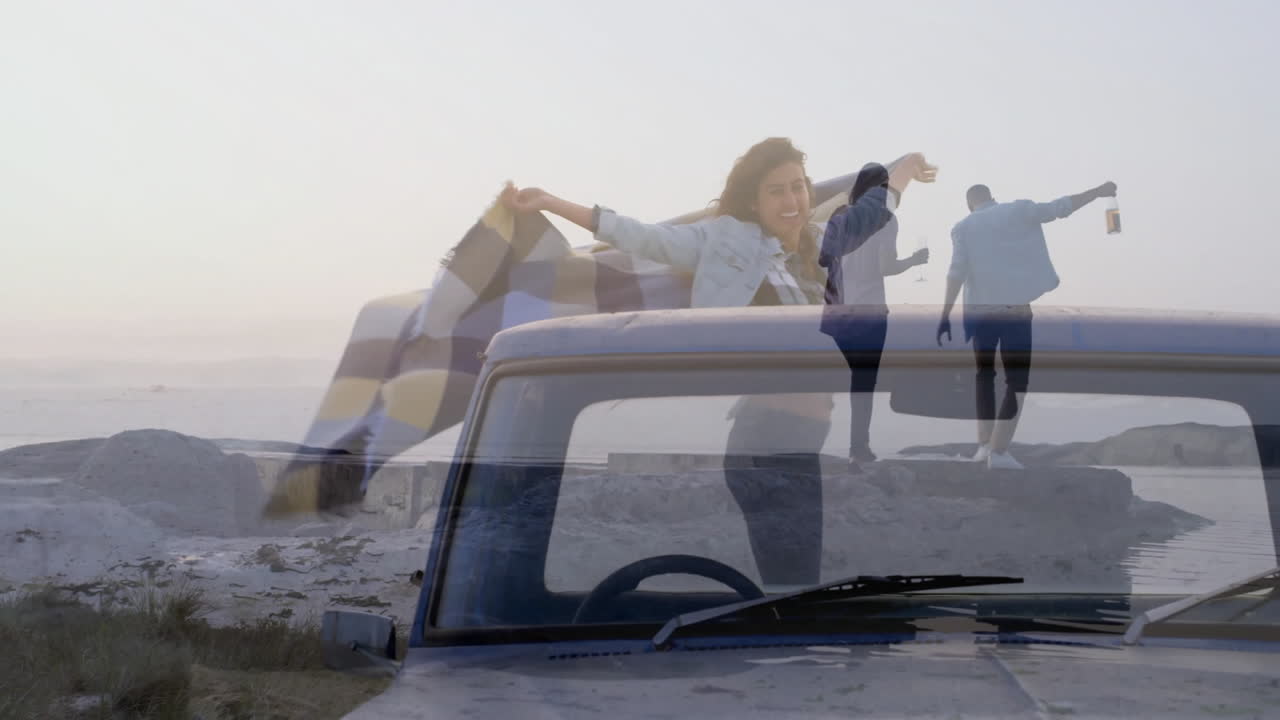 Holding scarf over car, woman celebrating with people in animated background