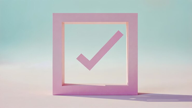 Animating pink check mark in hollow square frame rotating and extruding on studio set, becoming 3D